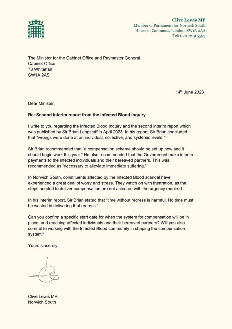 An image of the letter sent by Clive Lewis MP to the Minister for the Cabinet Office and Paymaster General on the compensation of victims of the infected blood scandal