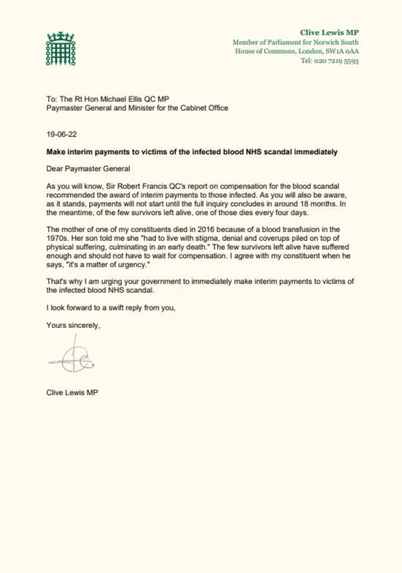 An image of my letter to the Paymaster General urging him to make interim payments to the victims of the infected blood scandal immediately 