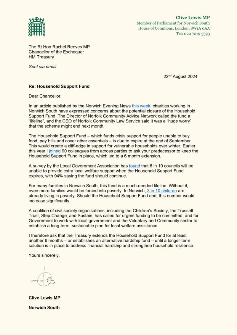 A letter written by Clive Lewis MP to the Chancellor of the Exchequer, asking her to extend the Household Support Fund